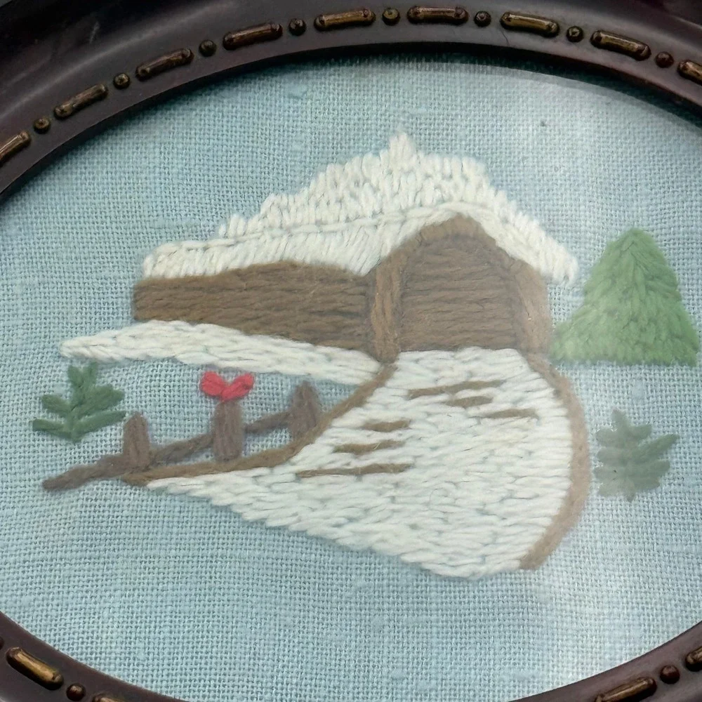 Vintage Handmade Needlepoint Winter Scene Snow Bridge Oval Framed Art 6x5